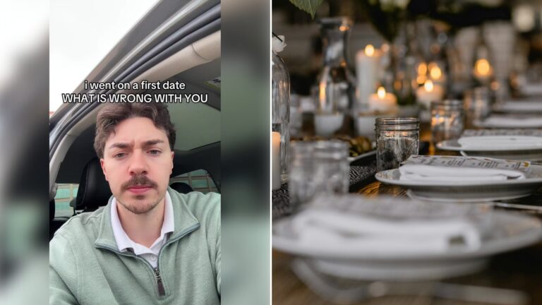 Left: cover still from a TikTok video by @christiancooks99. Right: Long dining table set with white plates, candles and glass bottles (Unsplash photo by Nadia Valko).