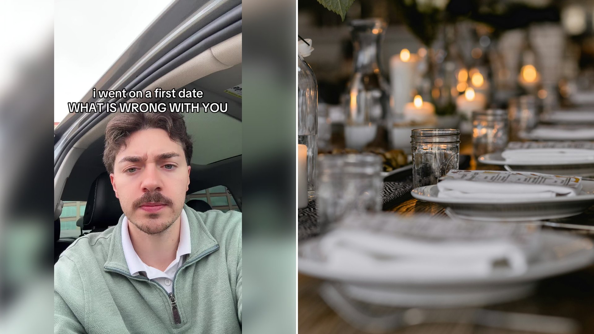 Left: cover still from a TikTok video by @christiancooks99. Right: Long dining table set with white plates, candles and glass bottles (Unsplash photo by Nadia Valko).