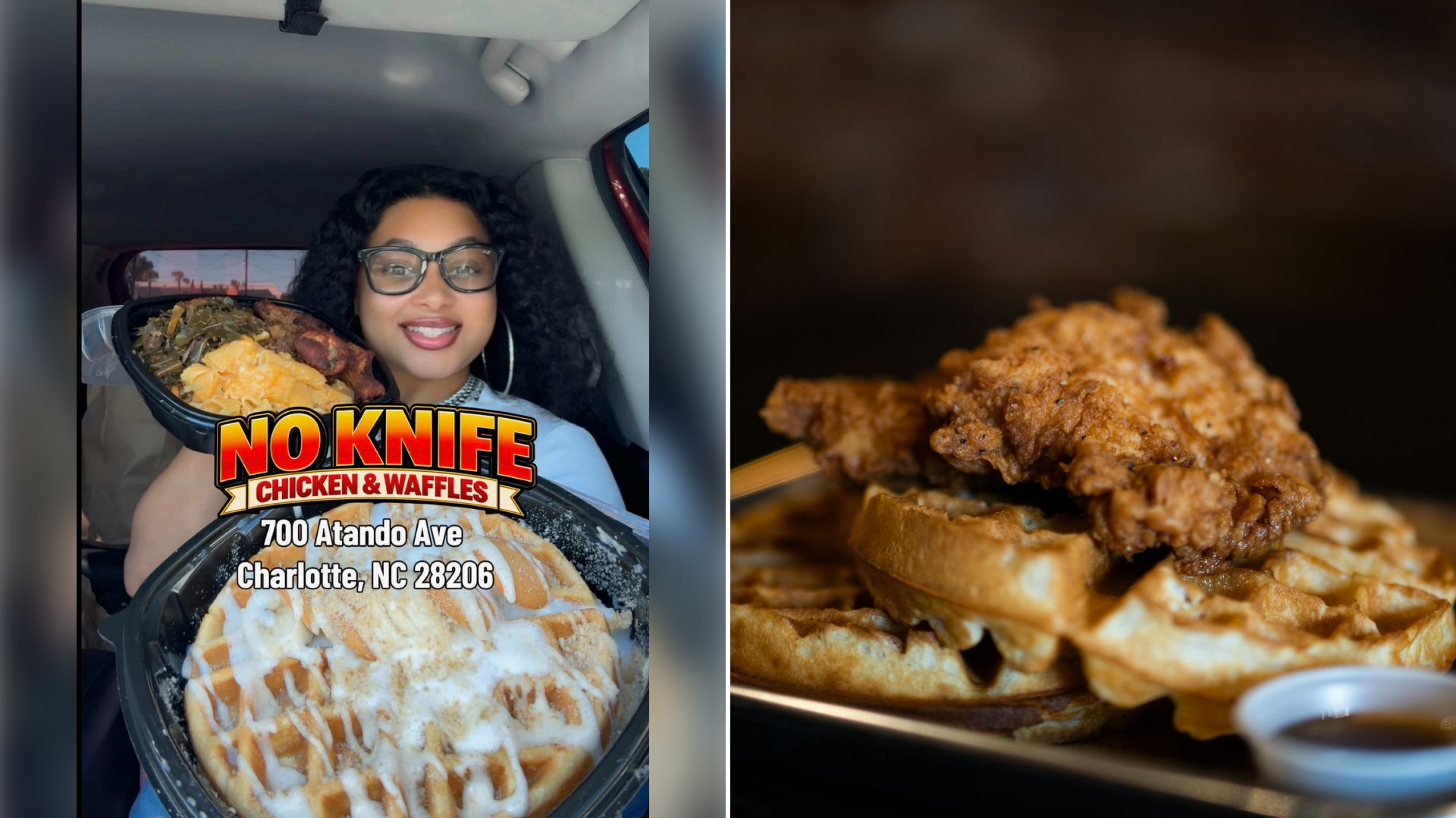 Left: cover still from a TikTok video by @prettyanta_. Right: Waffle topped with fried chicken on a plate (Unsplash photo by Miguel Dominguez).