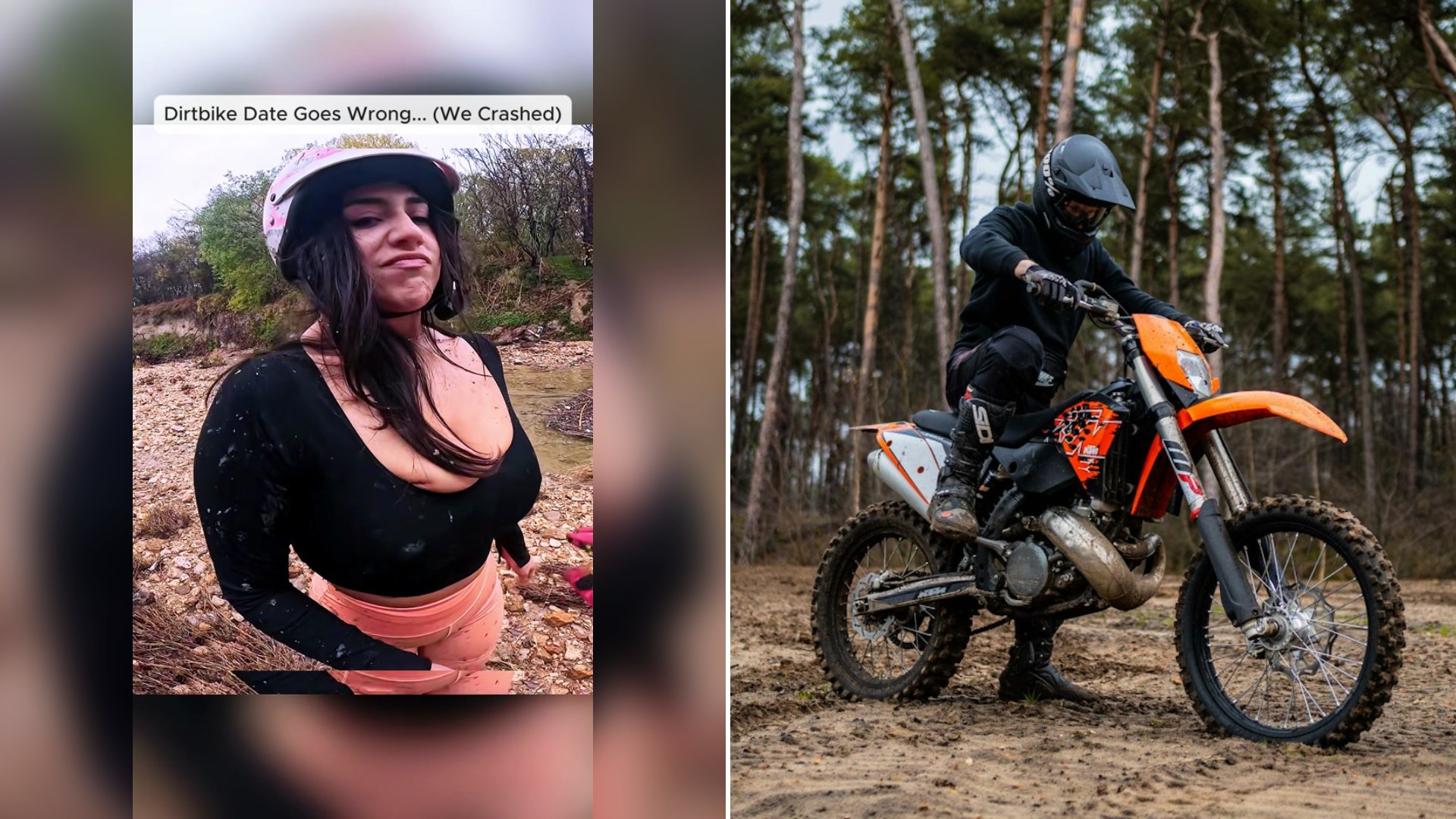 Cover of @us.thao.cliptvi's TikTok video beside an Unsplash photo by Julian Henke of an orange KTM dirt bike riding through wet and muddy forest terrain.