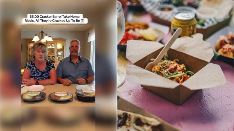 Left: cover still from a TikTok video by @writestoryushi. Right: Table topped with takeout boxes of food and drinks (Unsplash photo by Ambitious Studio* | Rick Barrett).