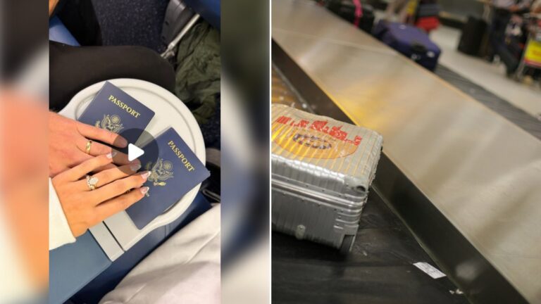 Left: cover still from an Instagram reel by @macey_mexico. Right: Gray hardside luggage standing in an airport (Unsplash photo by Dimitri Karastelev).