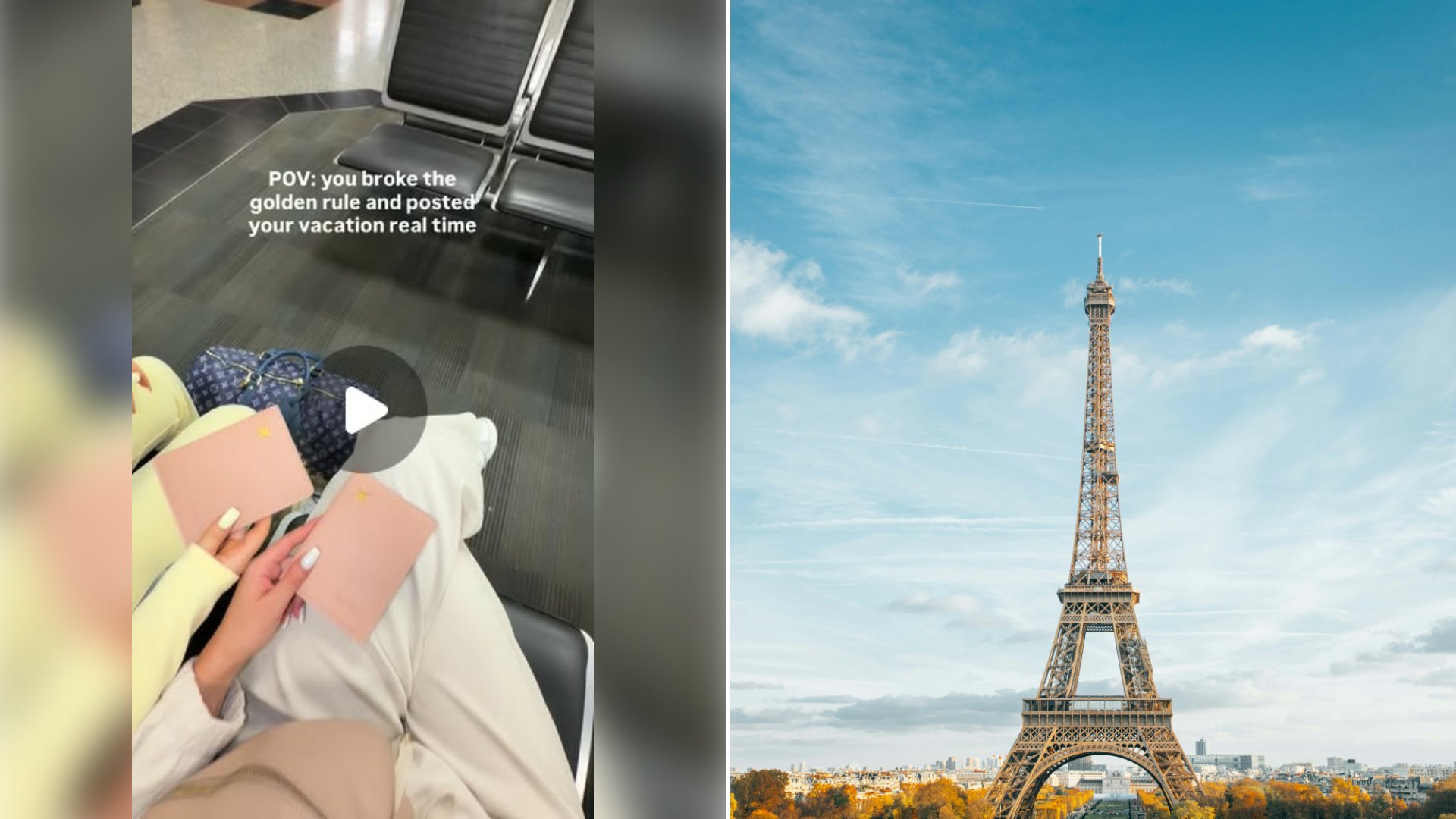 Left: cover still from an Instagram reel by @itskbenzz. Right: Eiffel Tower in Paris against the daytime sky (Unsplash photo by Anthony DELANOIX).