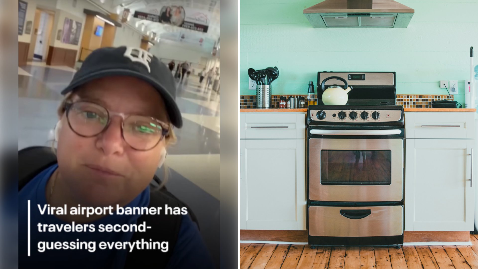 Left: cover still from a TikTok video by @fox32chicago. Right: White and black gas range with oven in a kitchen (Unsplash photo by Erik Mclean).