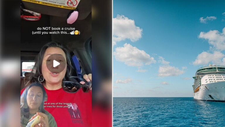 Left: cover still from an Instagram reel by @lillys.travel.tips. Right: White and blue cruise ship at sea under a blue sky with white clouds (Unsplash photo by Josiah Weiss).