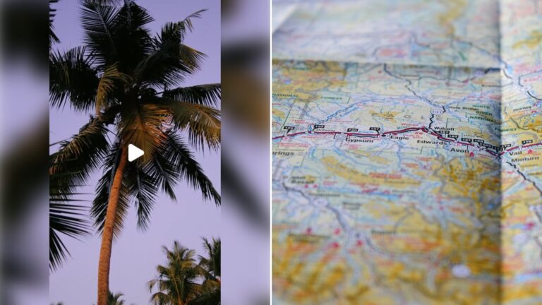 Left: cover still from an Instagram reel by @lydmf. Right: Close-up of a paper map showing routes and place names (Unsplash photo by Stephen Monroe).