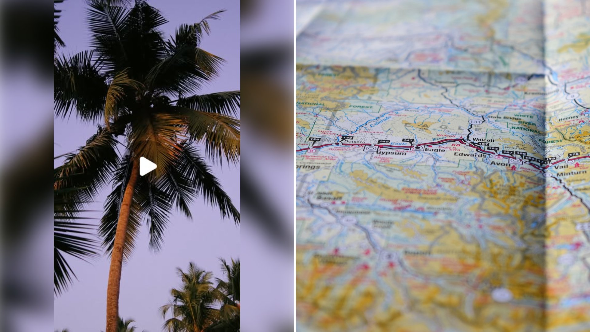 Left: cover still from an Instagram reel by @lydmf. Right: Close-up of a paper map showing routes and place names (Unsplash photo by Stephen Monroe).