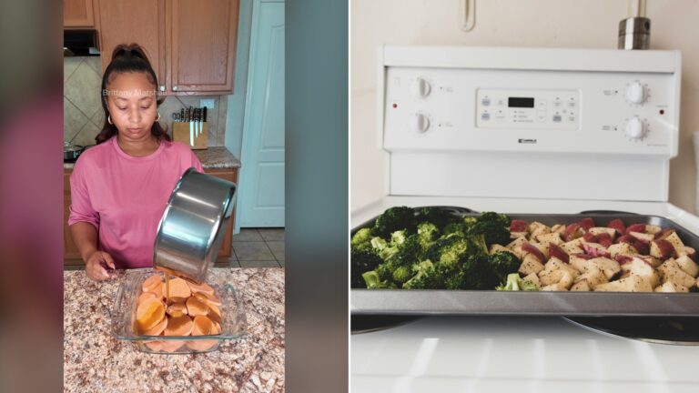 Split image with the cover of @brittany_marshall's TikTok video, where she lifts a pan of food in her kitchen, on the left and an Unsplash photo by Taylor Vick on the right showing seasoned broccoli and potatoes on a gray sheet pan, ready to roast