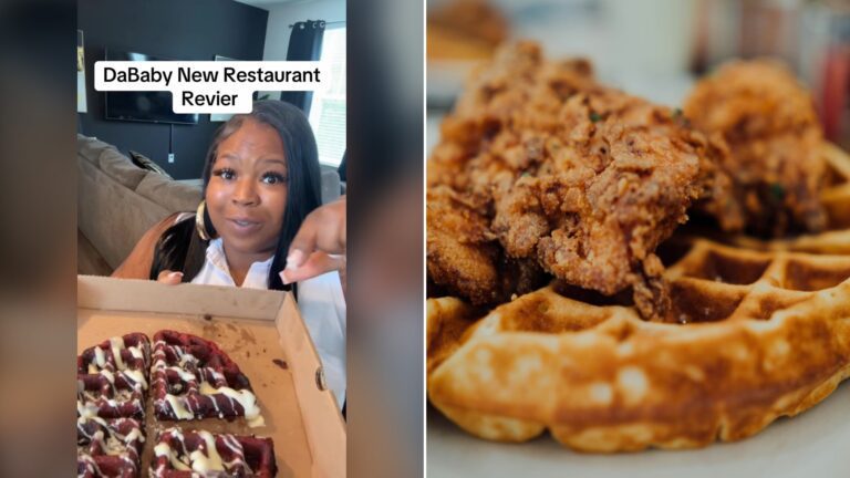 Split image with the cover of @pov_eatz's TikTok video, where she holds an open takeout box under the words DaBaby New Restaurant Review, on the left and an Unsplash photo by CHUTTERSNAP on the right showing fried chicken and waffles on a white plate
