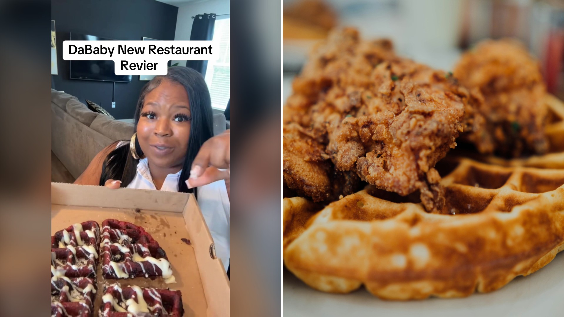 Split image with the cover of @pov_eatz's TikTok video, where she holds an open takeout box under the words DaBaby New Restaurant Review, on the left and an Unsplash photo by CHUTTERSNAP on the right showing fried chicken and waffles on a white plate
