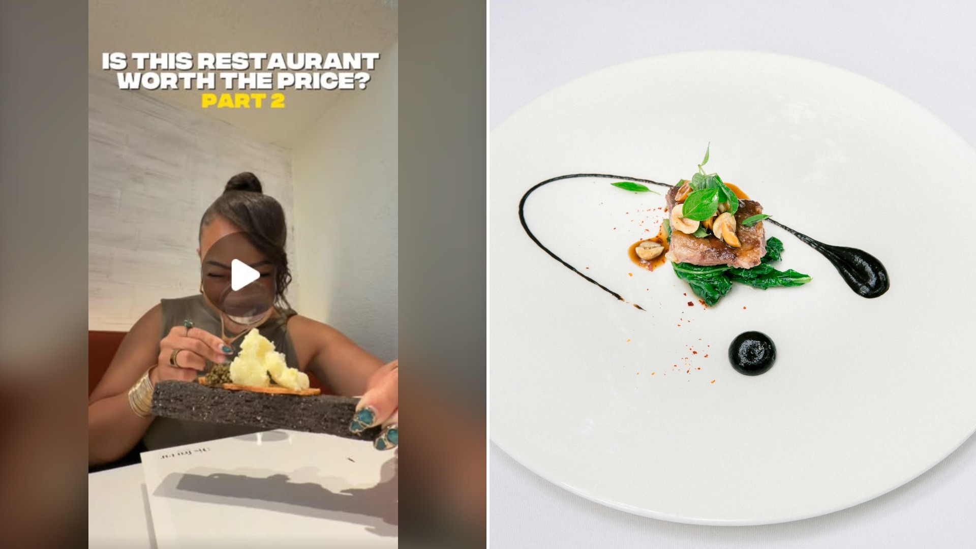 Split image with the cover of @loulouexplores's Instagram reel, where she sits at a fine dining table under the words Is This Restaurant Worth the Price, on the left and an Unsplash photo by Delightin Dee on the right showing a plated green vegetable fine dining course on a white plate