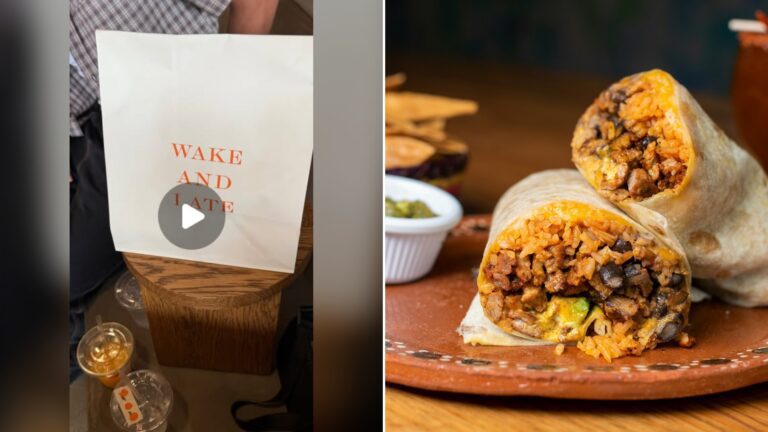 Split image with the cover of @macarenabalbis's Instagram reel, where a white takeout bag sits on a table, on the left and an Unsplash photo by Snappr on the right showing a burrito cut in half on a plate