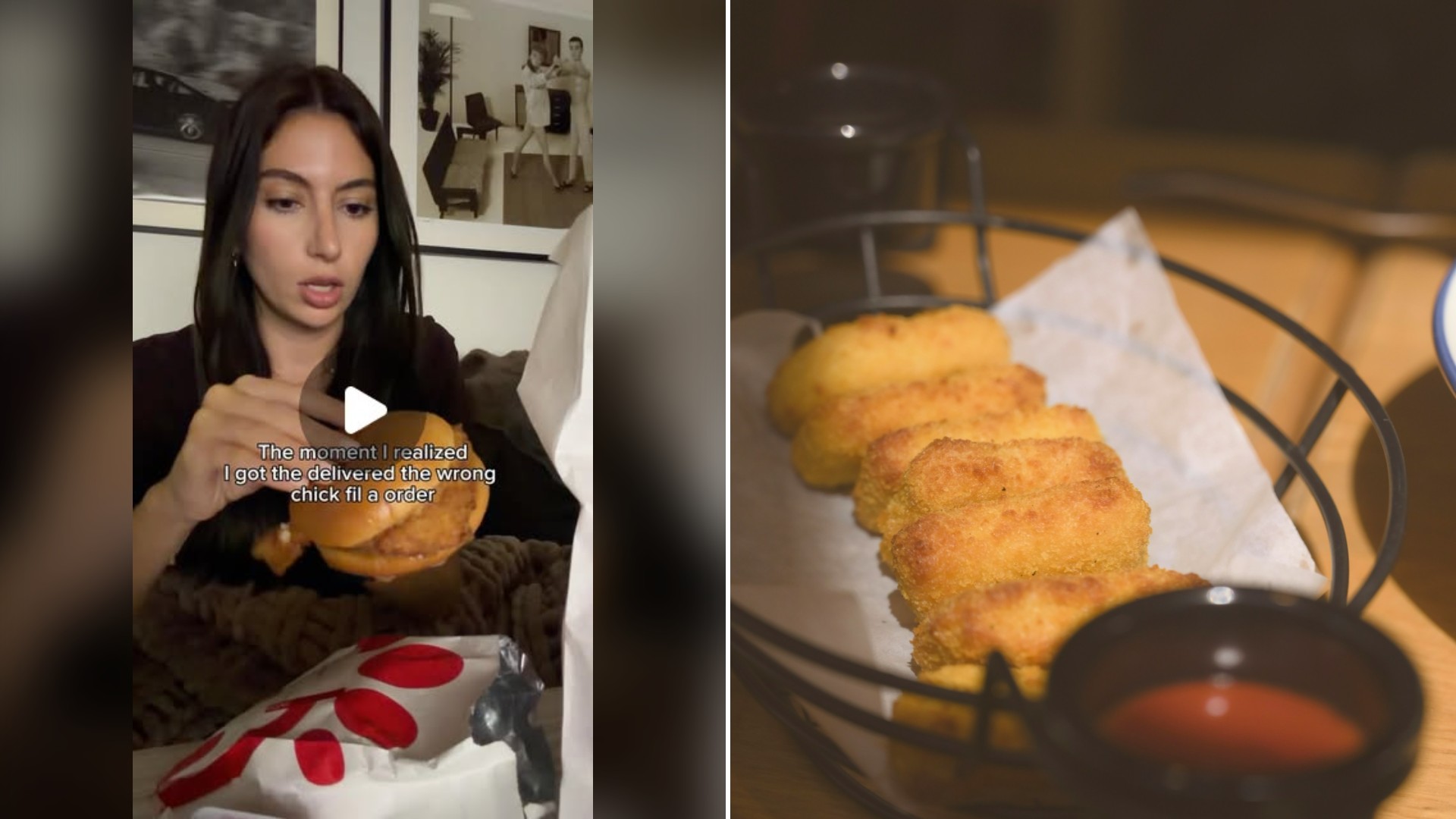 Split image with the cover of @thequeenfoodie's Instagram reel, where she eats a Chick-fil-A sandwich at a table, on the left and an Unsplash photo by keshb3 on the right showing a plate of nuggets with dipping sauce