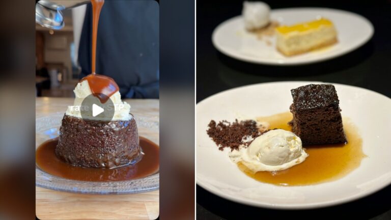 Split image with the cover of @thestrongcook's Instagram reel, where caramel sauce pours over a sticky toffee pudding, on the left and an Unsplash photo by Brett Wharton on the right showing sticky toffee pudding with vanilla ice cream and caramel sauce
