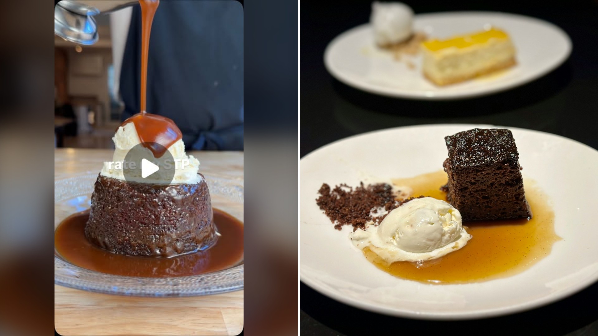 Split image with the cover of @thestrongcook's Instagram reel, where caramel sauce pours over a sticky toffee pudding, on the left and an Unsplash photo by Brett Wharton on the right showing sticky toffee pudding with vanilla ice cream and caramel sauce