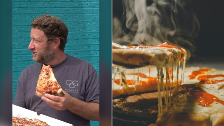 Split image with the cover of @stoolpresidente's TikTok video, where Dave Portnoy eats a slice of pizza against a teal wall, on the left and an Unsplash photo by Pablo Pacheco on the right showing a close-up of a cheese pizza