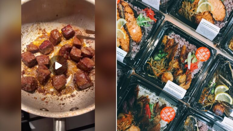 Split image with the cover of @cupofliv's Instagram reel, where seared beef cubes sizzle in a pan, on the left and an Unsplash photo by Cloris Ying on the right showing a Japanese bento of assorted cooked foods in a black container