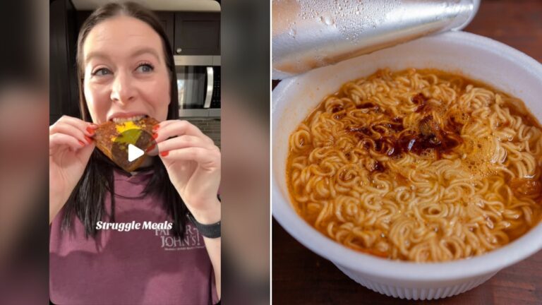 Split image with the cover of @leah_foodwanderer's Instagram reel, where she takes a bite under the words Struggle Meals, on the left and an Unsplash photo by sq lim on the right showing a white ceramic bowl of noodles