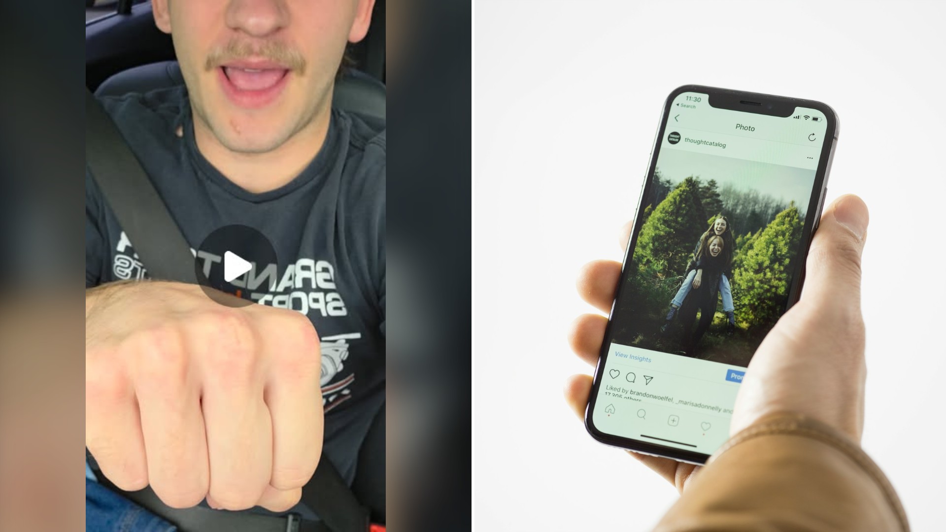Split image with the cover of @thats.jmo's Instagram reel, where he holds his fist up to the camera from the driver's seat, on the left and an Unsplash photo by Thought Catalog on the right showing hands holding a black smartphone with Instagram open
