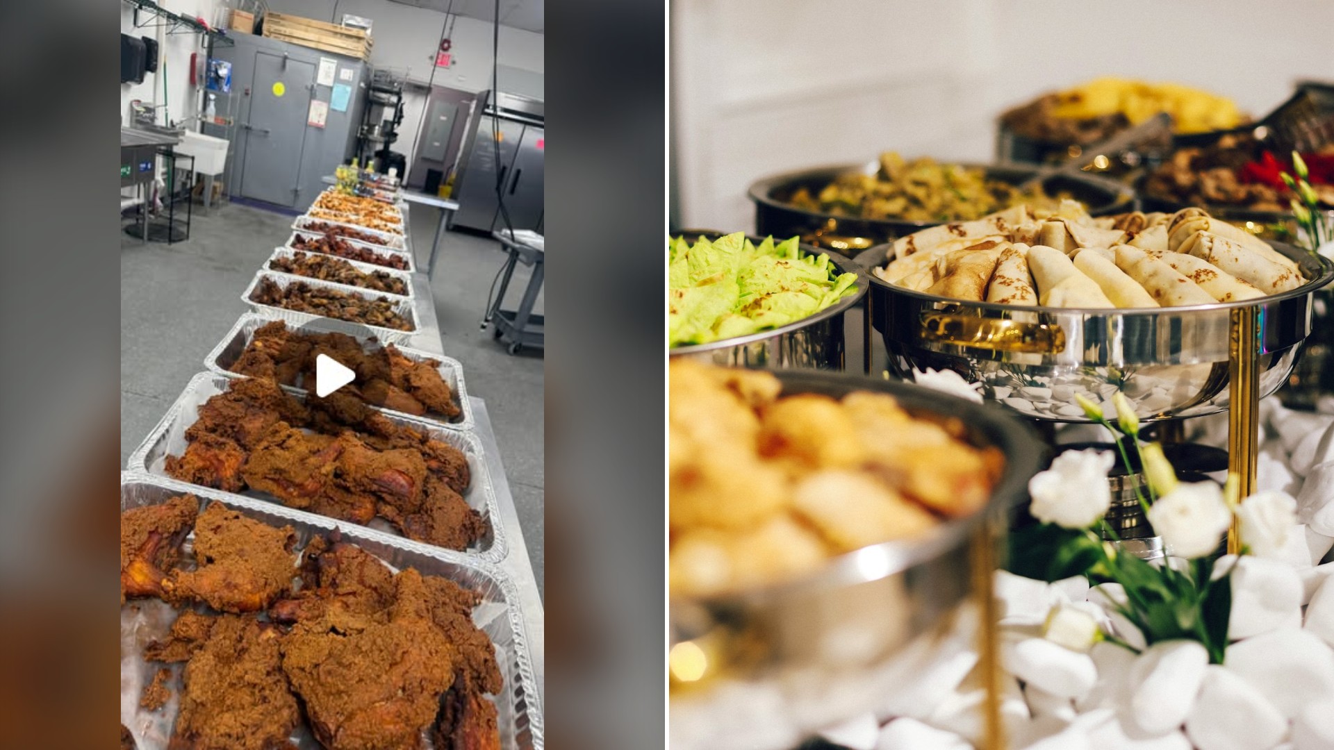 Split image with the cover of @khalaniskitchen's Instagram reel, where rows of trays filled with fried chicken line a kitchen counter, on the left and an Unsplash photo by Saile Ilyas on the right showing a buffet table with silver chafing dishes filled with prepared foods
