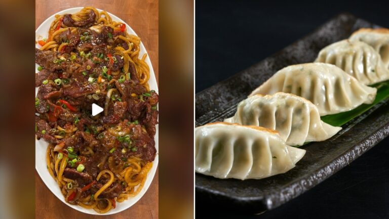 Split image with the cover of @seattlehanddoc's Instagram reel, where a platter holds udon noodles topped with beef stir fry, on the left and an Unsplash photo by Huyen Bui on the right showing three dumplings on a black plate at a restaurant