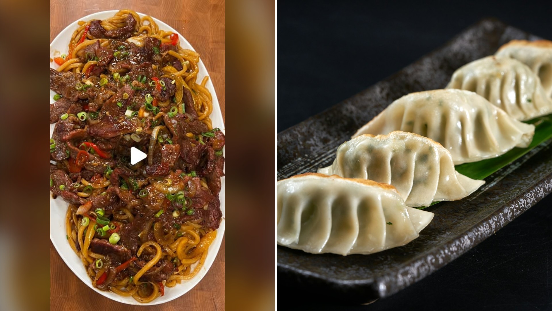 Split image with the cover of @seattlehanddoc's Instagram reel, where a platter holds udon noodles topped with beef stir fry, on the left and an Unsplash photo by Huyen Bui on the right showing three dumplings on a black plate at a restaurant
