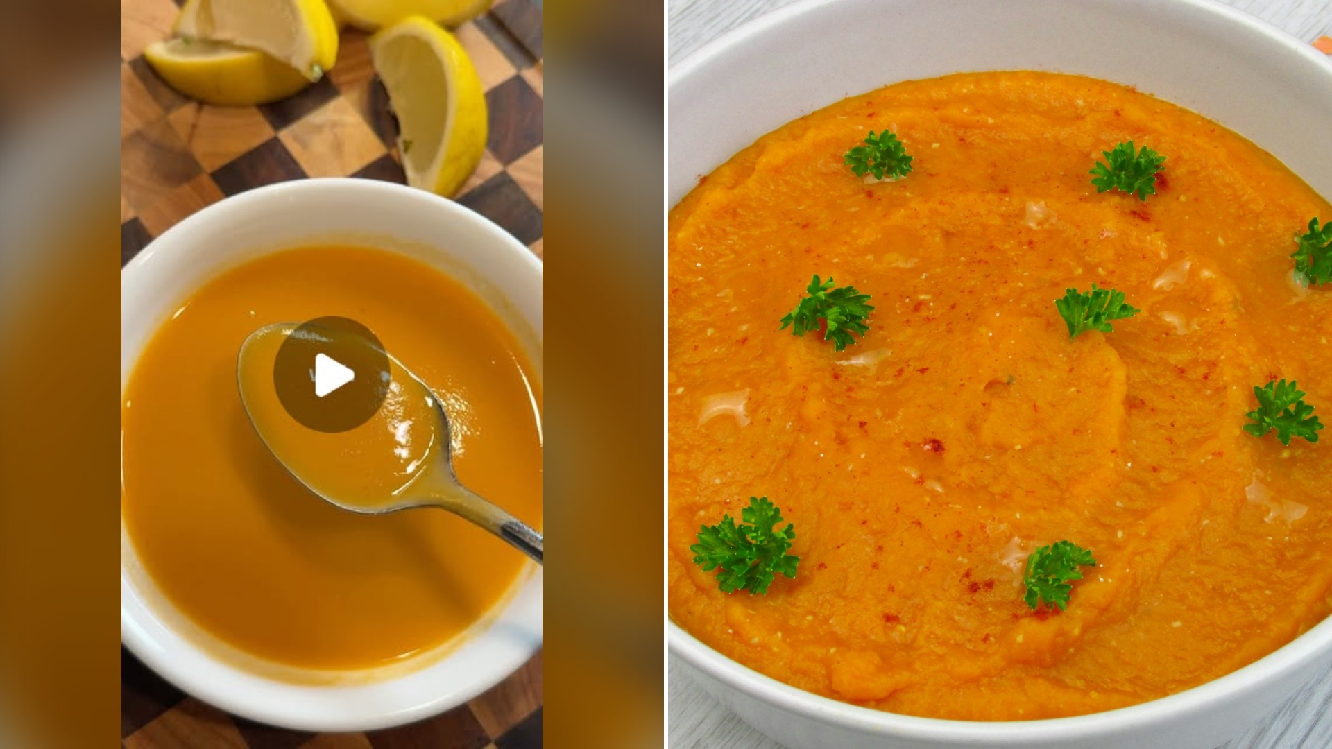 Split image with the cover of @lauraskitchendiary's Instagram reel, where a bowl of orange lentil soup sits beside lemon wedges, on the left and an Unsplash photo by Karyna Panchenko on the right showing a bowl of orange pumpkin and lentil soup topped with parsley