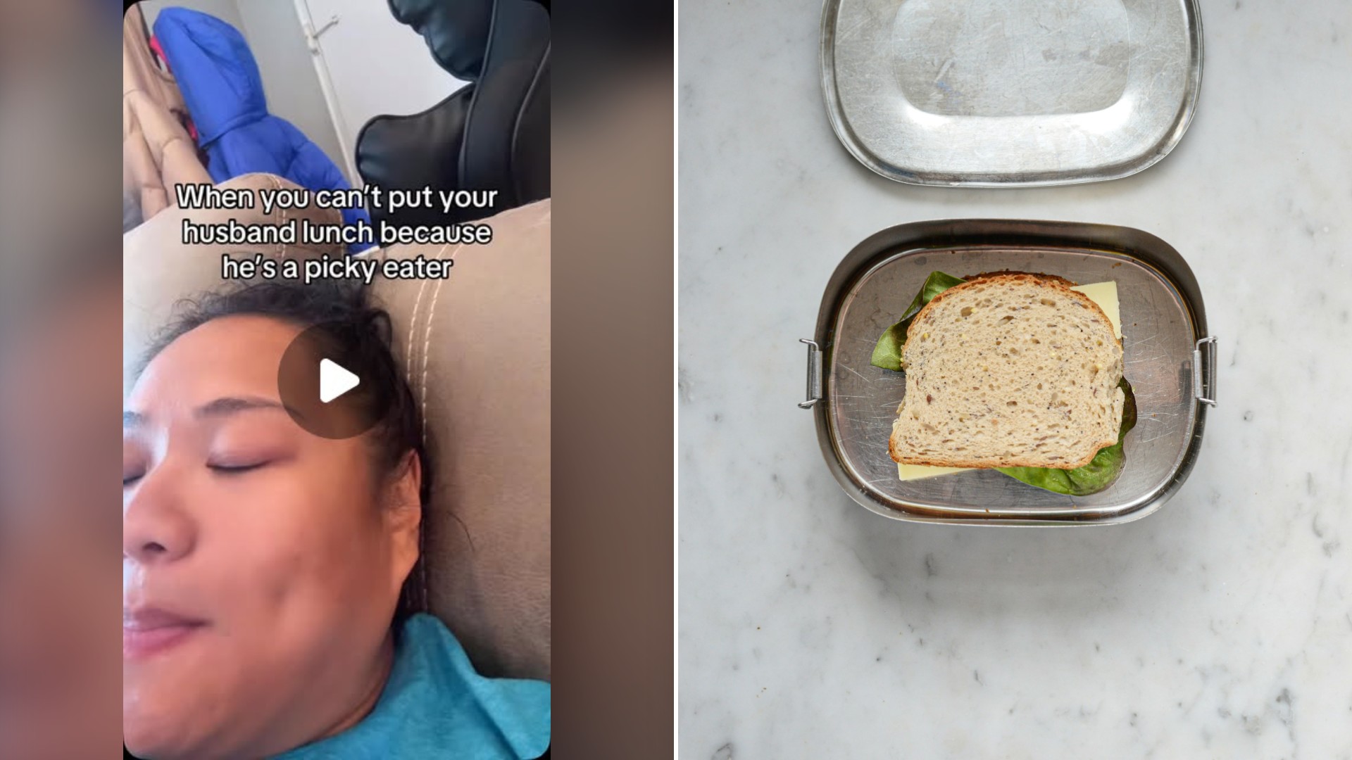Split image with the cover of @hashtagkarenag's Instagram reel, where she lies back under a caption about packing lunch for a picky eater husband, on the left and an Unsplash photo by Jack Cole on the right showing a cheese and lettuce sandwich in a stainless steel lunchbox on a marble counter