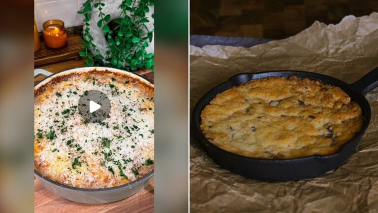 Split image with the cover of @cookwithauds's Instagram reel, where a French onion shepherd's pie sits in a baking dish, on the left and an Unsplash photo by Laurine on the right showing a baked casserole in a skillet