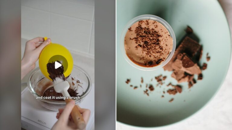Split image with the cover of @sh.vonne's Instagram reel, where a hand coats a yellow balloon in melted chocolate, on the left and an Unsplash photo by Amanda Congiu on the right showing a chocolate dessert in a cup and on a plate from a bakery