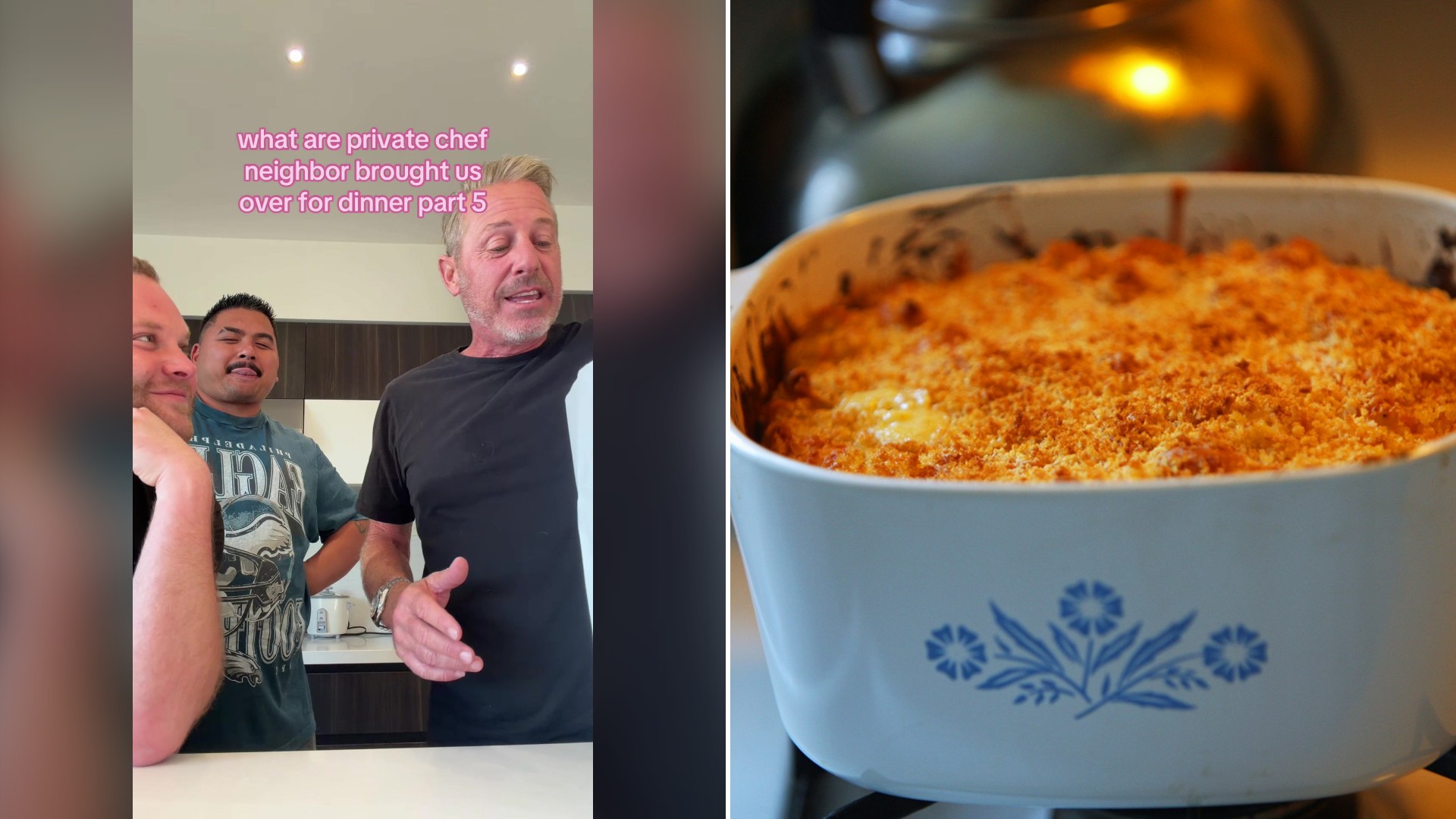 Split image with the cover of @bran__flakezz's TikTok video, where two men stand in a kitchen with their private chef neighbor, on the left and an Unsplash photo by David Trinks on the right showing a casserole dish sitting on a stovetop