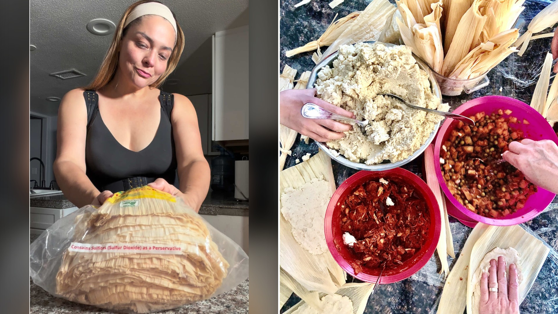 Split image with the cover of @iamuniquedaily's TikTok video, where she shows a bag of fresh tamales in her kitchen, on the left and an Unsplash photo by Tammie Knight on the right showing a hand holding a red ceramic bowl while handmade tamales are prepared