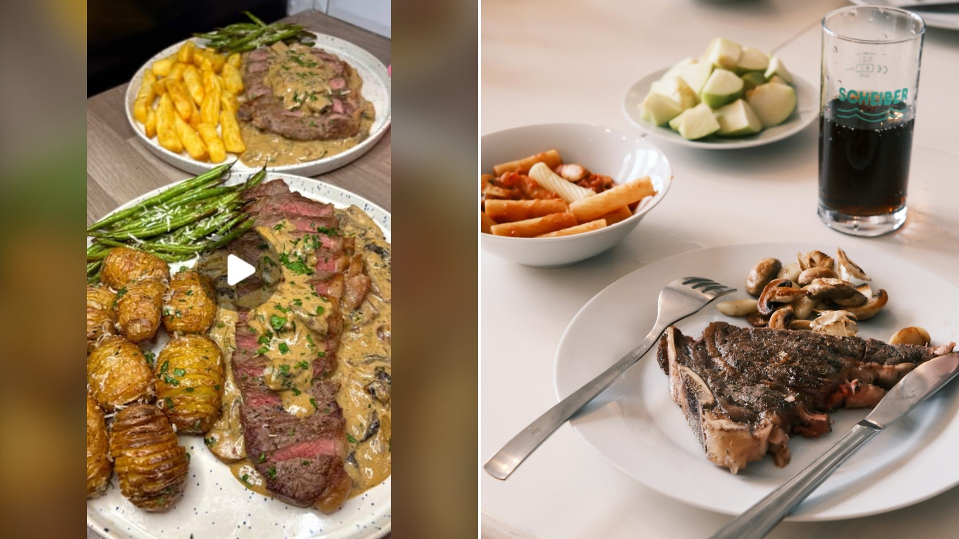 Split image with the cover of @ontodaysbake's Instagram reel, where two plates hold steak, fries and hasselback potatoes, on the left and an Unsplash photo by Dean Zhang on the right showing steak with mushrooms and pasta on a plate