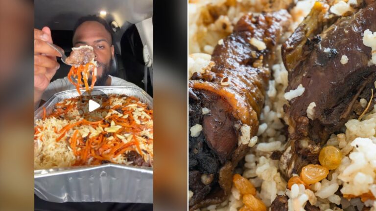 Split image with the cover of @mr.chimetime's Instagram reel, where he eats a forkful of rice from a catering tray in his car, on the left and an Unsplash photo by Zulfugar Karimov on the right showing rice pilaf with roasted chicken and golden raisins