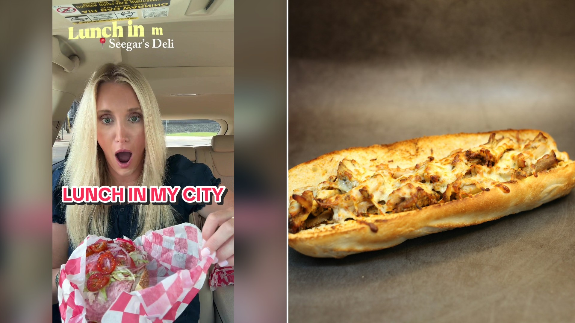 Split image with the cover of @blondeswhoeat's TikTok video, where she sits in her car under the words Lunch in My City Seegar's Deli, on the left and an Unsplash photo by Shoeib Abolhassani on the right showing a cheesesteak sub sandwich on a dark background