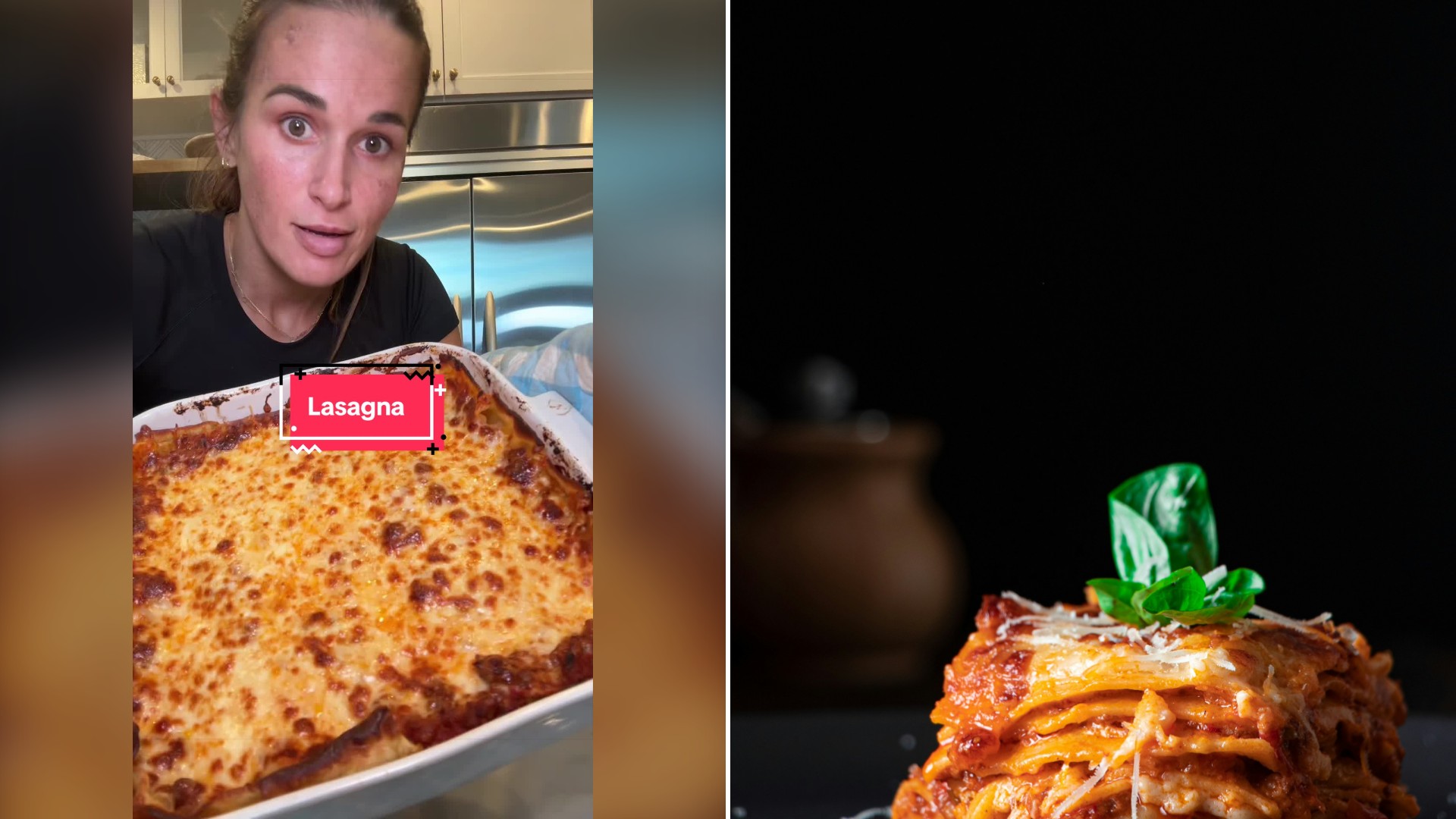 Split image with the cover of @maggieeatsss's TikTok video, where she holds up a pan of lasagna, on the left and an Unsplash photo by Ömer Taha Çetin on the right showing lasagna covered in sauce and cheese on a black plate