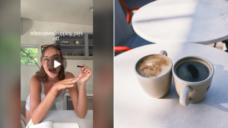 Split image with the cover of @madibuteyn's Instagram reel, where she talks to the camera at a table, on the left and an Unsplash photo by engin akyurt on the right showing a filter coffee and a latte on a white cafe table