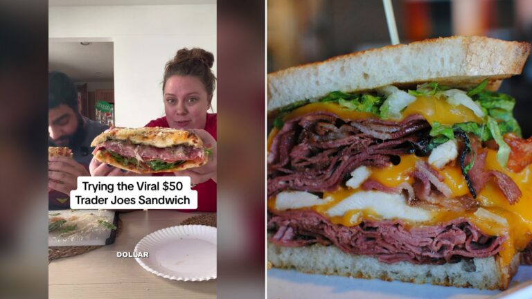 Split image with the cover of @thecandelarios's TikTok video, where they hold up a giant sandwich under the words Trying the Viral $50 Trader Joe's Sandwich, on the left and an Unsplash photo by Kalle Georgiev on the right showing a tall sandwich with layers of meat and cheese