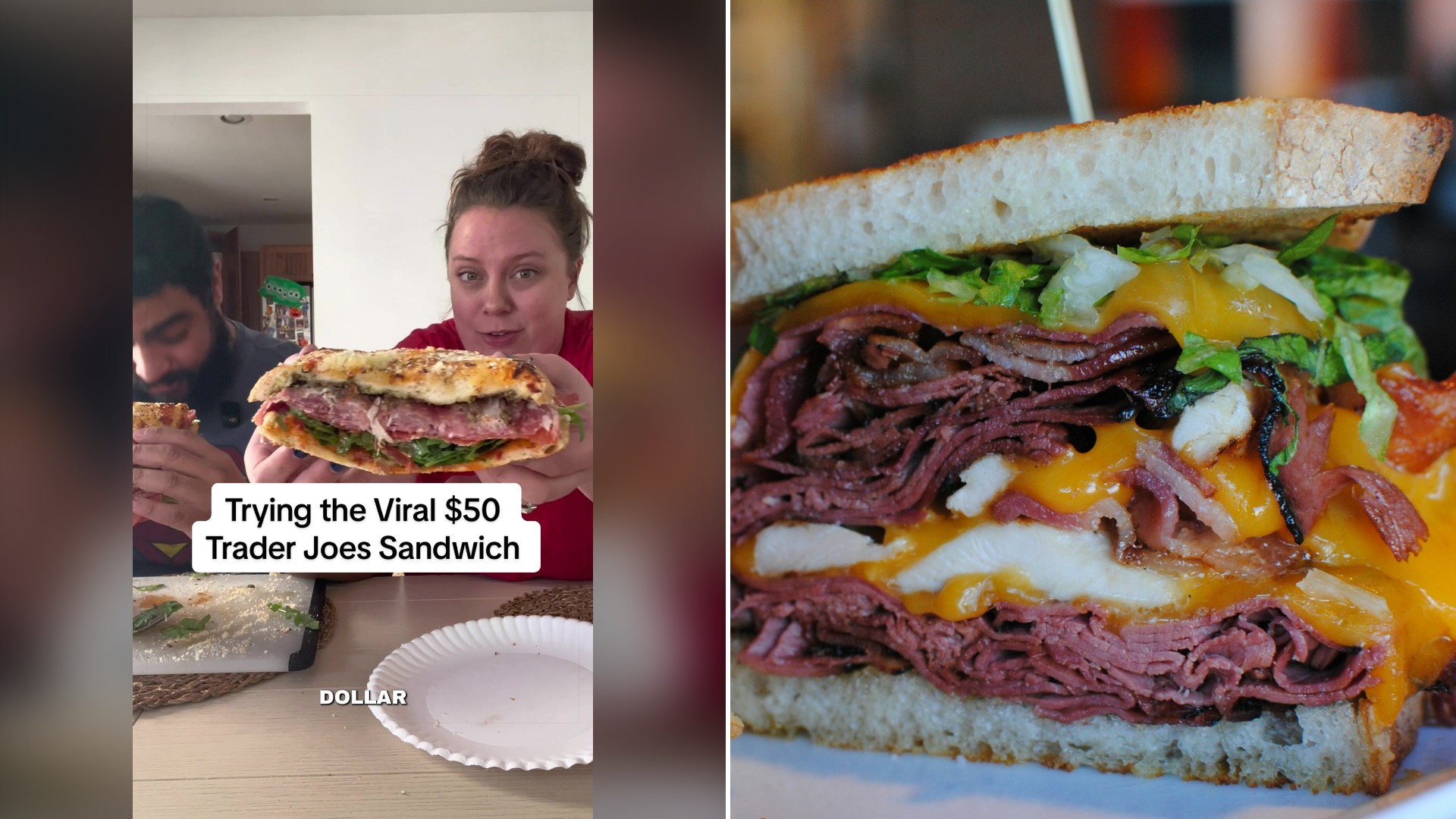Split image with the cover of @thecandelarios's TikTok video, where they hold up a giant sandwich under the words Trying the Viral $50 Trader Joe's Sandwich, on the left and an Unsplash photo by Kalle Georgiev on the right showing a tall sandwich with layers of meat and cheese