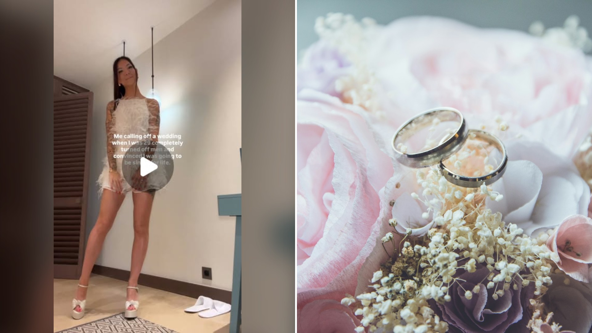 Split image with the cover of @ayshtagrams's Instagram reel, where she stands in a bright room, on the left and an Unsplash photo by Beatriz Pérez Moya on the right showing a gold bridal ring set resting on a pink rose bouquet