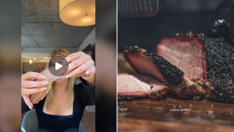 Split image with the cover of @bethanylearmont's Instagram reel, where she holds up a piece of brisket at the table, on the left and an Unsplash photo by Luis Santoyo on the right showing sliced meat on a wooden chopping board