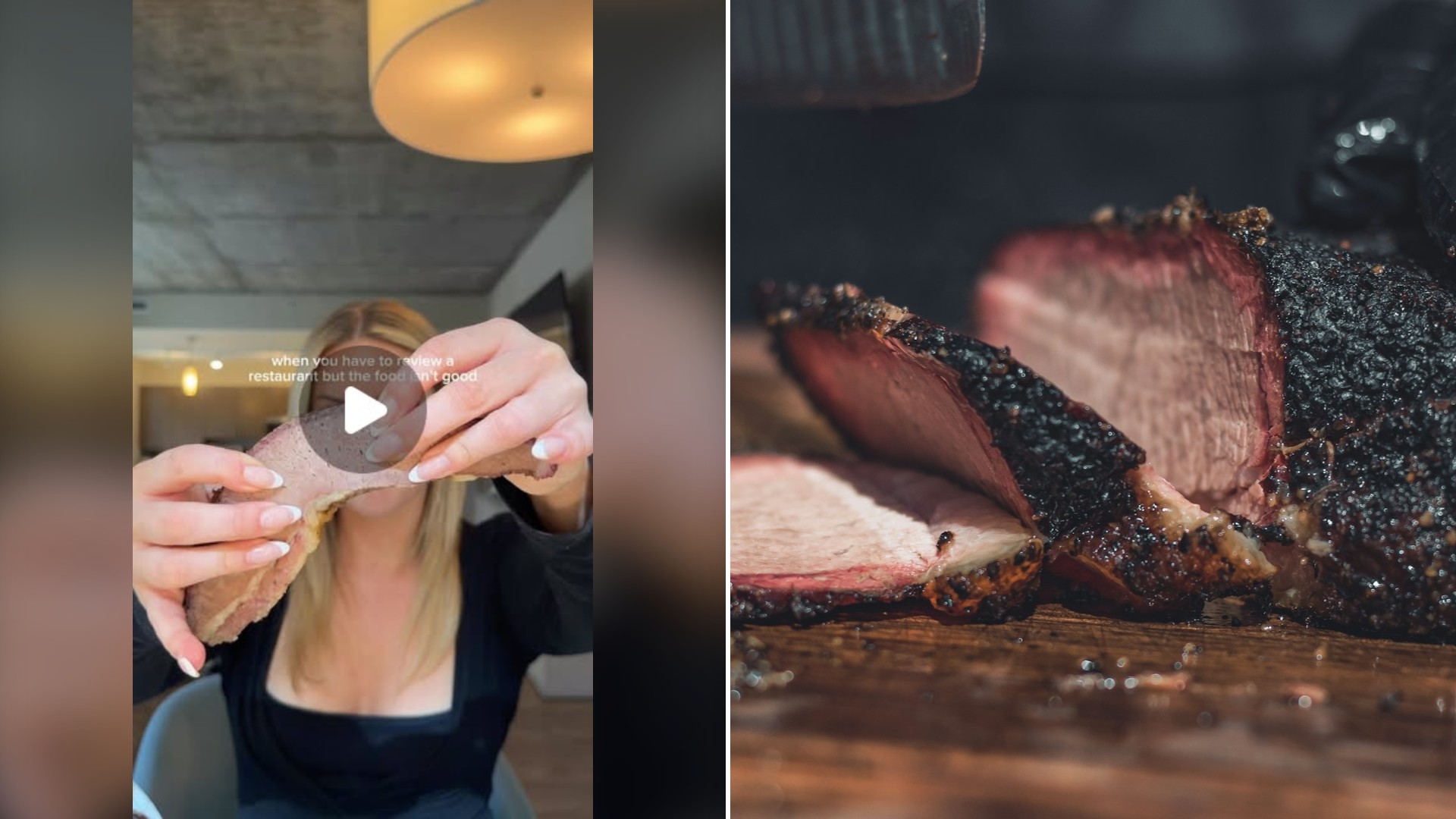 Split image with the cover of @bethanylearmont's Instagram reel, where she holds up a piece of brisket at the table, on the left and an Unsplash photo by Luis Santoyo on the right showing sliced meat on a wooden chopping board
