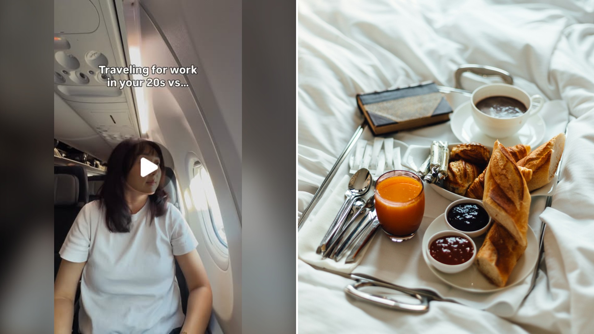 Split image with the cover of @mina.derian's Instagram reel, where she sits on an airplane under a caption about traveling for work, on the left and an Unsplash photo by Alena Torgonskaya on the right showing a tray of food with silverware on a bed
