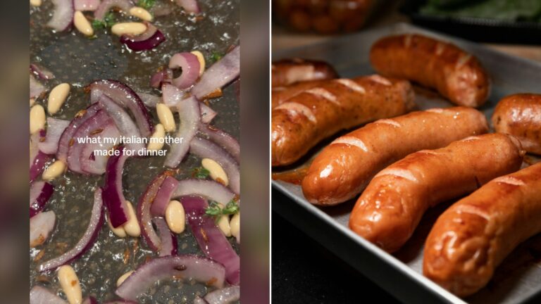 Split image with the cover of @soniaawatson's TikTok video, where a pan holds roasted onions and grapes, on the left and an Unsplash photo by Amanda Lim on the right showing sausage on a white ceramic plate