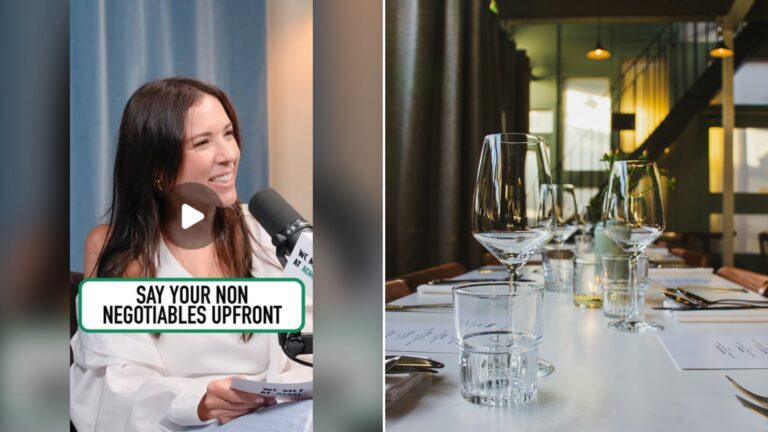 Split image with the cover of @wemetatacme's Instagram reel, where she talks into a microphone under the words Say Your Non Negotiables Upfront, on the left and an Unsplash photo by Ronan on the right showing clear wine glasses on a set dining table