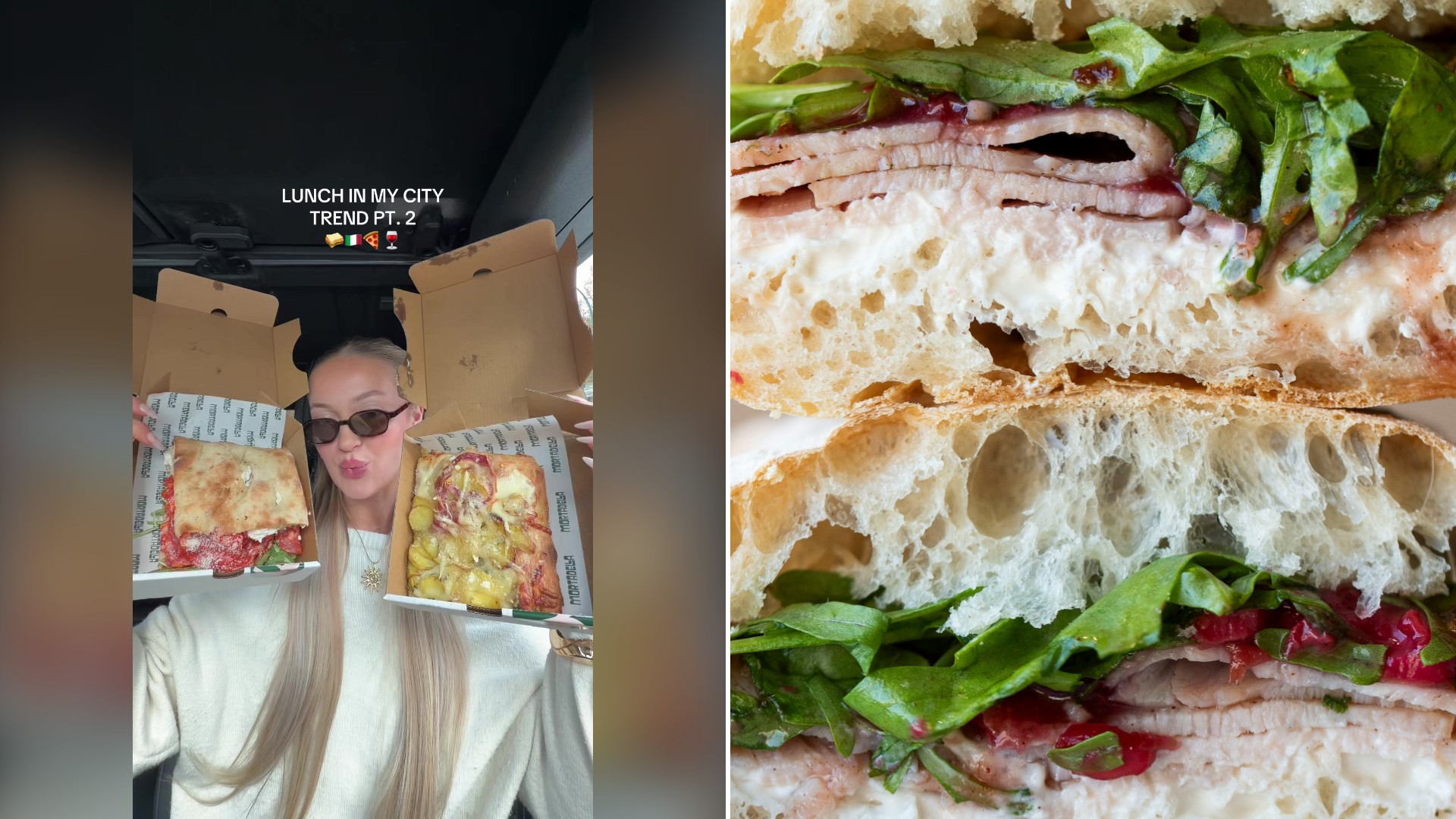 Split image with the cover of @kaitlynviducic's TikTok video, where she holds open two sandwich boxes, on the left and an Unsplash photo by Monaz Nazary on the right showing a cross-section of a focaccia sandwich with sliced meat, melted cheese, greens and creamy dressing