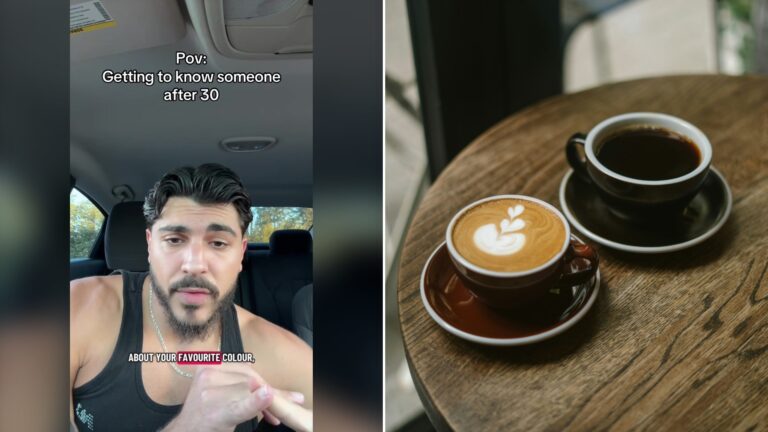 Split image with the cover of @adam.ali.hh's TikTok video, where he talks to the camera in his car under the words Getting to Know Someone After 30, on the left and an Unsplash photo by shche_ team on the right showing two cups of coffee on a table