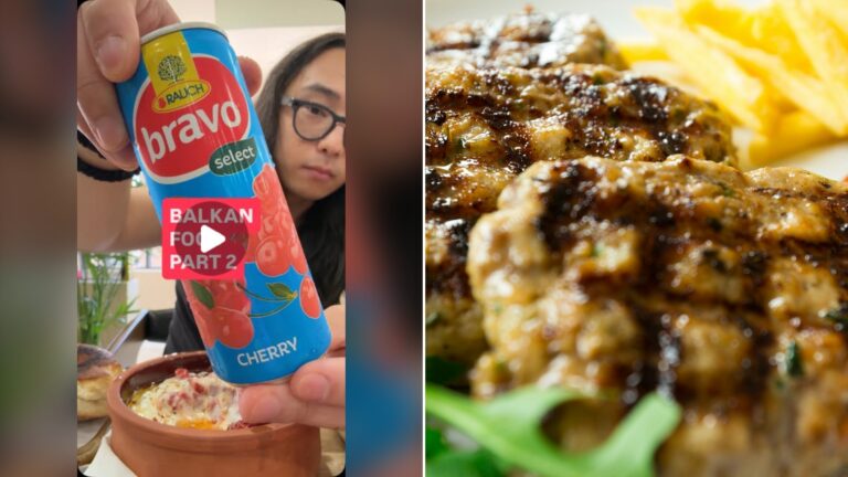 Split image with the cover of @everybodyeatschris's Instagram reel, where a glass of juice sits beside a Balkan dish, on the left and an Unsplash photo by Arne Buss on the right showing grilled minced-meat patties with salad and tomato sauce