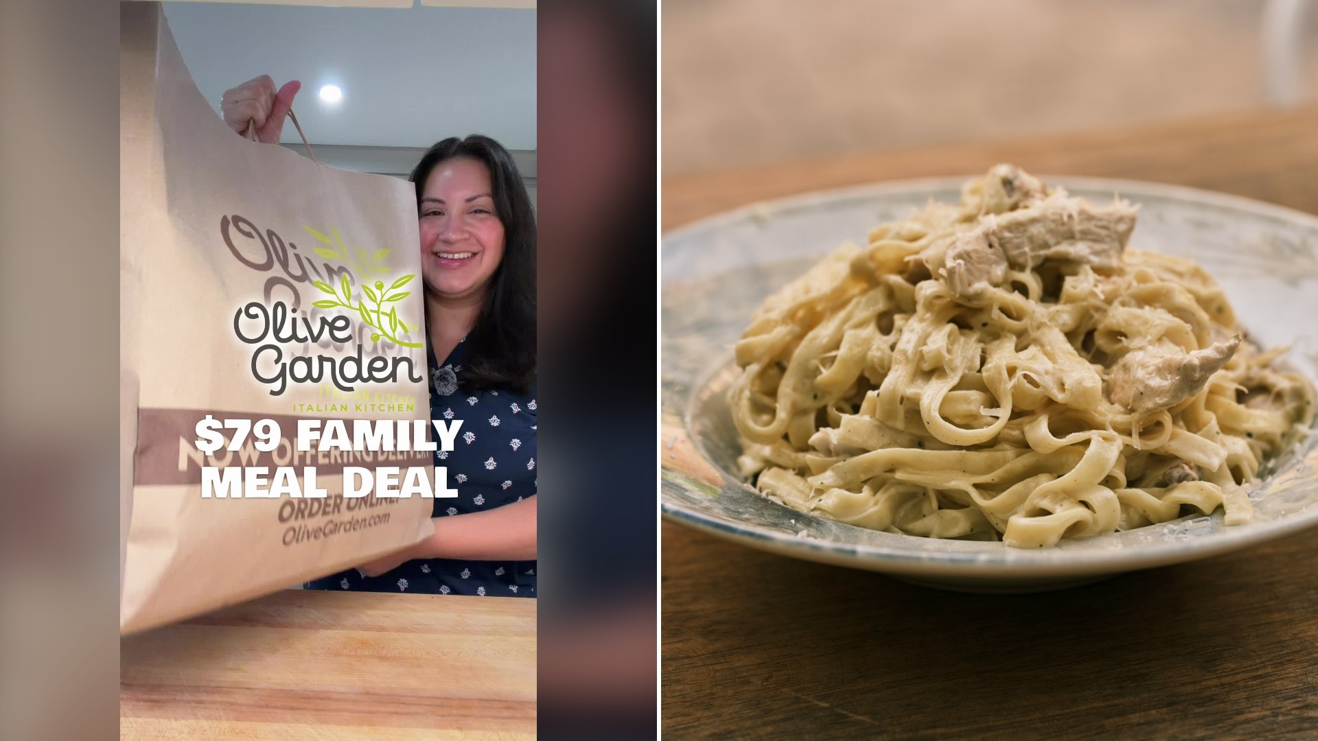 Split image with the cover of @katscraving's TikTok video, where she holds an Olive Garden bag under the words $79 Family Meal Deal, on the left and an Unsplash photo by engin akyurt on the right showing a plate of fettuccine alfredo on a wooden table