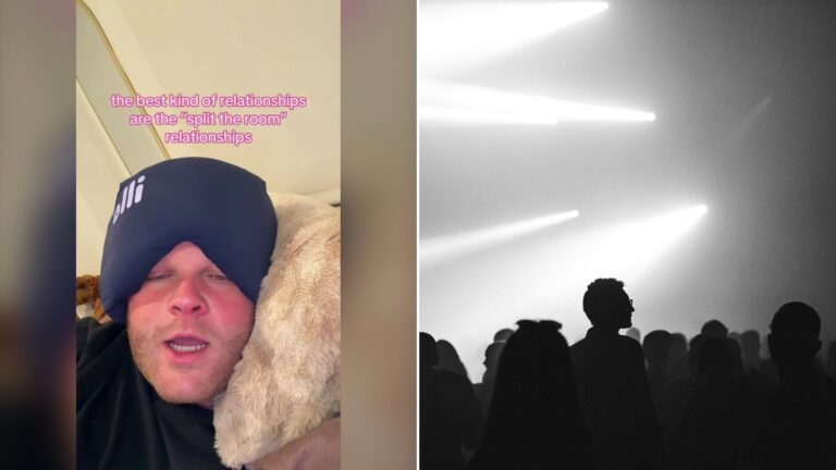 Split image with the cover of @bran__flakezz's TikTok video, where he talks to the camera in a beanie under a caption about couples at parties, on the left and an Unsplash photo by Jorik Kleen on the right showing black-and-white silhouettes of a crowd at an event